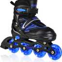 Kids Inline Skates for Girls Boys, Youth and Adult, Adjustable Blades Roller Quad Skates for Men and Women with Full Wheels Illuminating, Outdoor Skates (Large Size, Blue)