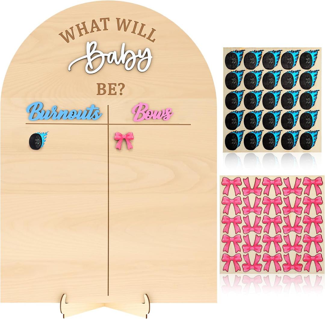 Wenqik Wooden Gender Reveal Voting Board with Stand He or She Game Guessing Sign Voting Stickers for Gender Reveal Party Supplies Decoration Baby Shower Game(Boy or Girl Burnouts or Bows)