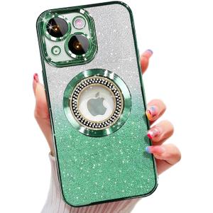 Misscase for iPhone 14 Plus Magnetic Case Compatible with MagSafe,Full Protection Slim Shockproof Anti-Scratch Glitter Case with Camera Lens Protector Logo View Dust-Proof Net for Women Green