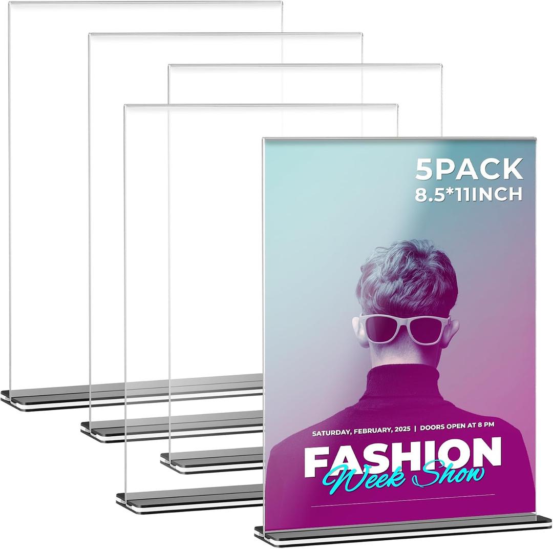 Tomorotec 5-Pack Acrylic Sign Holder 8.5’’x11’’ Vertical, T-Shape Double Sided Desktop Sign Holder, Menu/Document Display Stand for Restaurant, Office, Trade Show Exhibition, Black Base (Portrait)