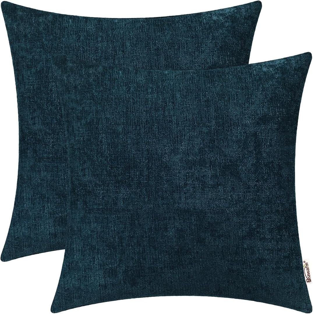 BRAWARM Throw Pillow Covers 18x18 Inches - Deep Lagoon Chenille Pillow Covers Pack of 2, Solid Dyed Soft Chenille Pillow Cases for Couch Sofa Bed Home Decoration