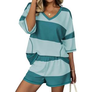 Ekouaer Two Piece Sets for Women Summer Lounge Sets 2026 Striped Shirts and Shorts Set Oversized Matching Outfit, Size: M