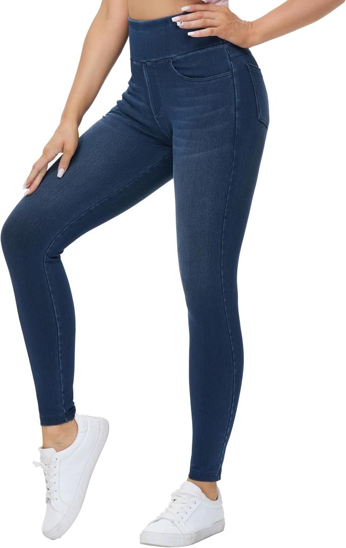 THE GYM PEOPLE Women's High-Waisted Jeggings Pants Stretchy Tummy Control Skinny Jean Leggings with Pockets (Blue) 28" Large 