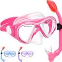 Kids Snorkel Set Dry Top Snorkeling Gear for Kids Youth Boys Girls Junior Age 5-15,Tempered Glass Swimming Diving Mask and Snorkel Set 180 Degree Panoramic View (Light Pink)