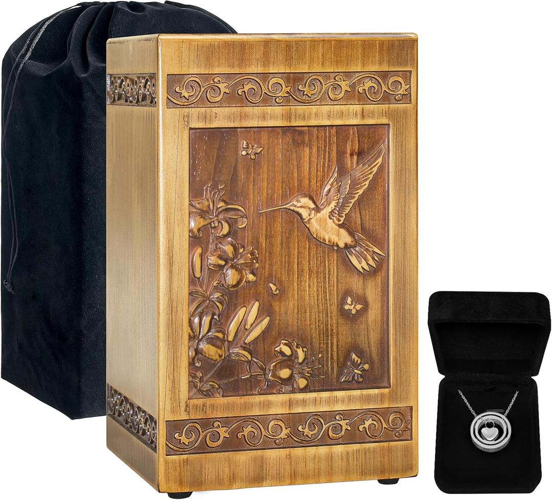 Wooden Urn for Ashes Adult Male Female, Handcrafted Large Cremation Urns Box for Human Ashes Adult Man Woman, Memorial Decorative Funeral Urn with Hummingbird Carvings, with Velvet Bag & Necklace