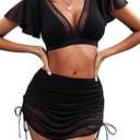 Zilcremo Women High Waisted Bikini Set Ruffle Sleeve Tummy Control Swimsuits Curvy Mesh Swim Skirt Black S