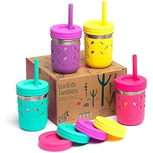 Elk and Friends 10oz Stainless Steel Kids + Toddler Drinking Cups | The Original Mason Jar with Sleeves + Lids | Silicone Straws | Smoothies | Storage Jar | Spill Resistant | Dishwasher Safe | 3 Pack