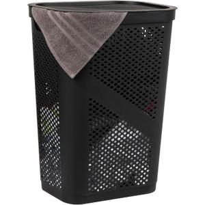 Mind Reader Slim Laundry Hamper with Lid, 60L Clothes Basket, Ventilated Plastic, Black, Single