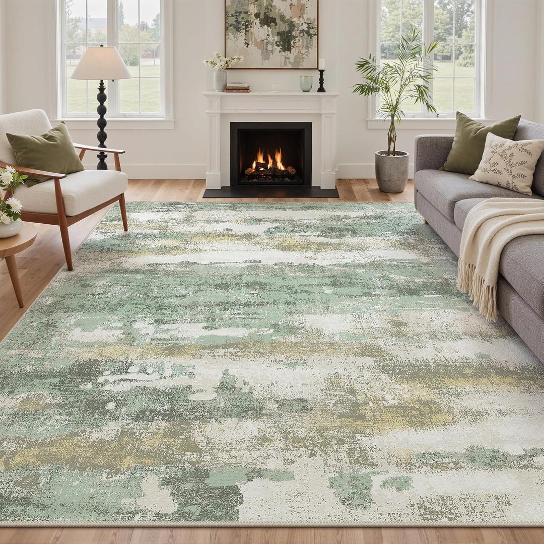 8x10 Green Abstract Area Rug, Washable Non-Slip for Bedroom