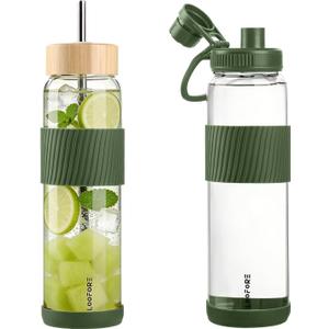 32 oz Glass Water Bottle with Straw and Handle, Large Sports Water Tumbler with 2 Lids, Leak-proof BPA Free Water Jug Canteen with Silicone Sleeve for Gym Sports Outdoor, 1 Pack