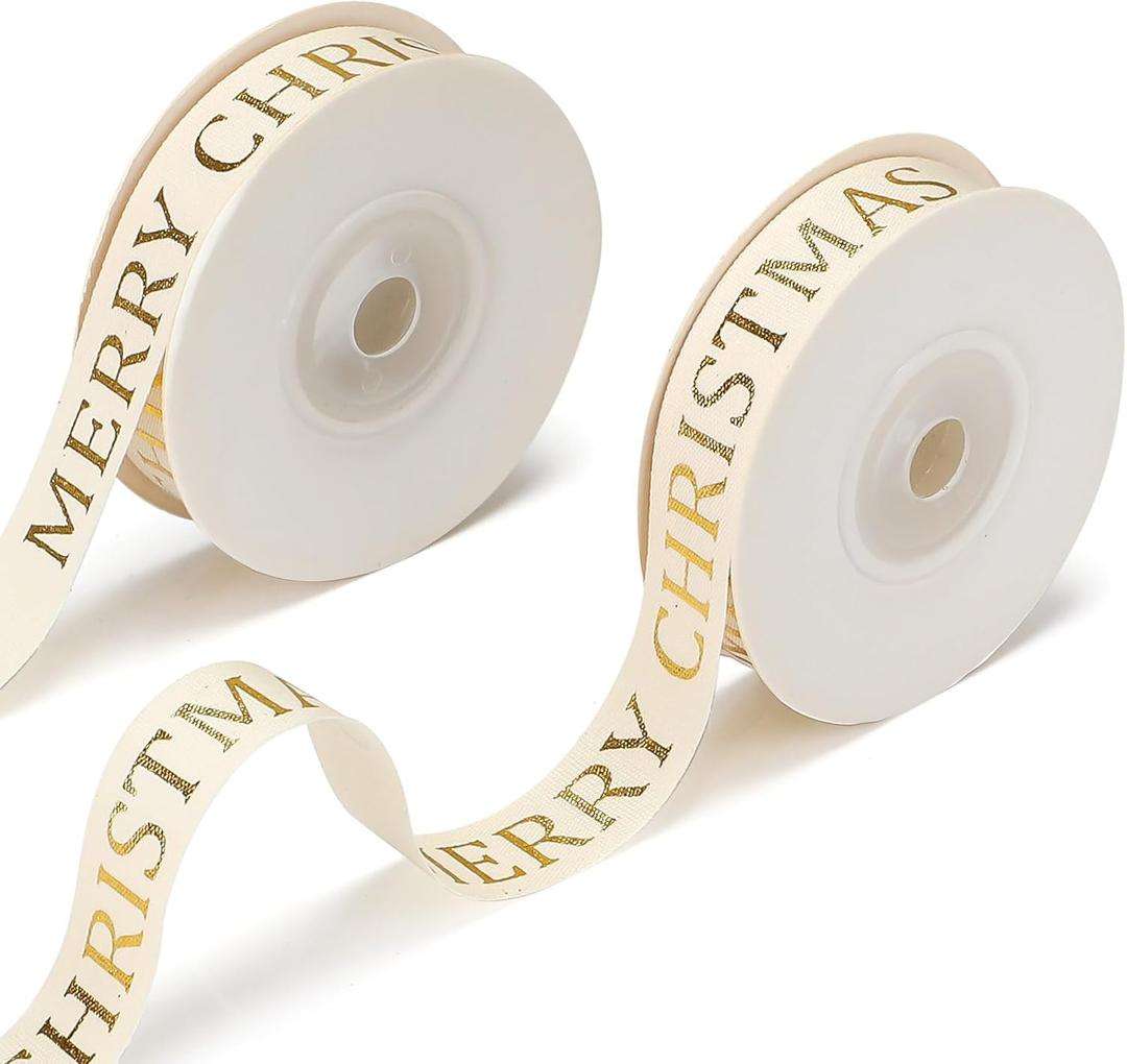 White Christmas Ribbon Bulk for Gift Wrapping 5/8" Glitter Gold Merry Christmas Cotton Ribbon Xmas Bows for Crafts Decorative Supplies DIY Holiday Xmas Tree Decorations (20 Yards)