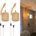 Frideko Plug in Wall Sconces Set of Two Hand Woven Lamp with Cord Rattan Lights Farmhouse Sconce Mounted Light Boho Lighting for Bedroom Living Room Brown (2 Pieces)