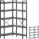 Huuger 5 Tier Bookshelf, L Shaped Corner Bookshelf with 10 Open Shelves, 49.4 Inch Straight Wide Bookcase with Metal Frame and Wooden Board, Adjustable Feet, Grey