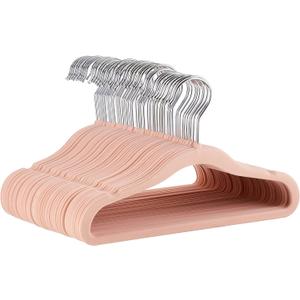 Amazon Basics Kids Space Saving Velvet Non-Slip Clothes Hangers with Shoulder Notches for Infant and Toddler, 11.6", Blush, 50-Pack