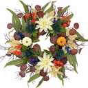 20 Inch Fall Wreath for Front Door, Artificial Thanskgiving Autumn Wreath with Pumpkins, Berries, Dahlia and Silk Leaves for Farmhouse Home Window Wall Office Indoor Outdoor Decorations (White+orange)