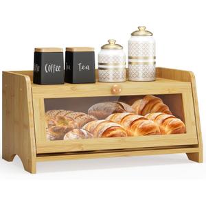 Bread Box for Kitchen Countertop, Large Bread Container Storage, Wooden Farmhouse Bread Box with Window Bread Holder (Natural Bamboo)