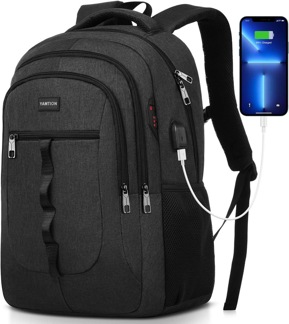 Black Backpack for Men and Women,School Backpack Bookbag for Teen Boys and Girls Laptop Backpack with USB for Collge Work Business (15.6 inch)