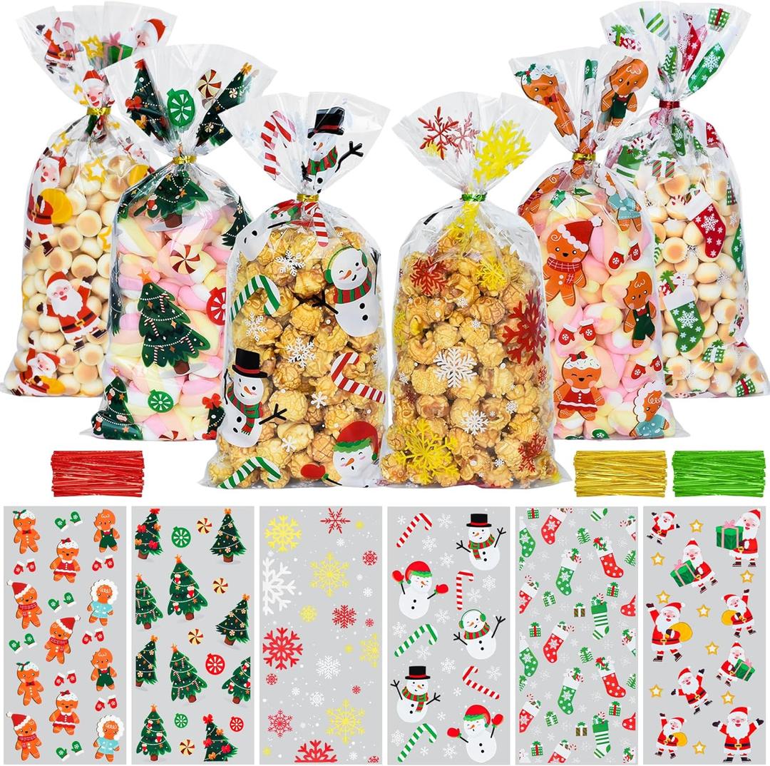 Tindobewan Christmas Treat Bags, 120Pcs Xmas Cellophane Goodie Bags with Twist Ties for Snacks Cookies Candy Gift Packing, Christmas Party Favors Supplies10.6 x 5.1 Inches