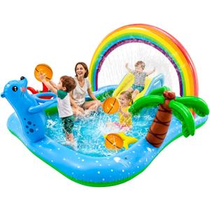 Inflatable Play Center Pool with Water Slide, 90.6 X 77.6in Rainbow Sprinkler Arch & Seal Design Kiddie Pool for Kid's Summer Backyard Splash Toy with Slide, Sprinkler & Play Area