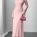 GORGLITTER Women's Mesh Sheer Bell Long Sleeve Maxi Dress Prom Wedding Guest Dress Slip Party Cocktail Slimming Dresses (Pink, S)