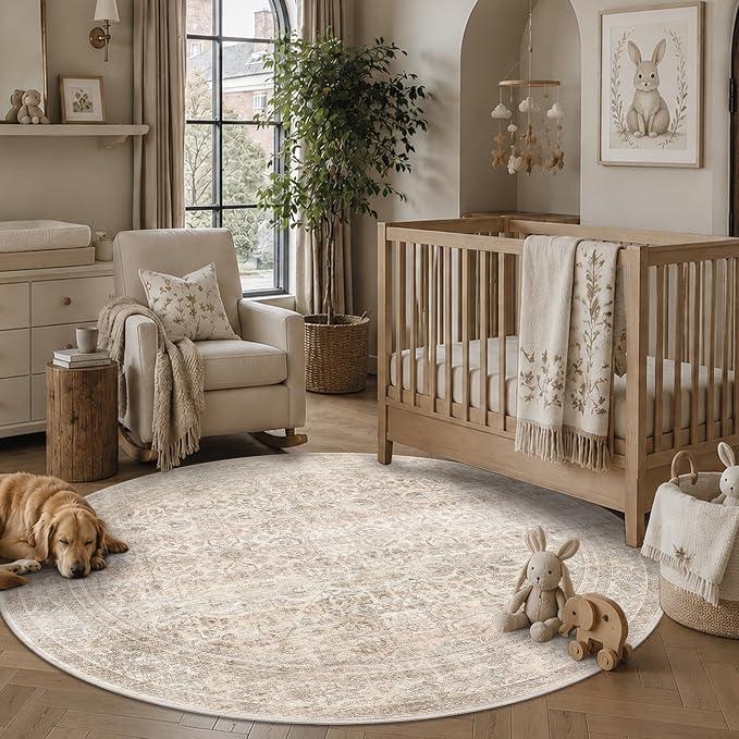 Schweek 6ft Round Area Rug Washable Neutral Non-Slip Living Room Rug Beige
Soft Low-Pile Circle Rugs, Vintage Distressed Floral Round Carpets for Kitchen, Dining, Office, Playroom, Bedroom, Classroom