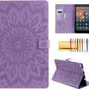Folio Case for Fire HD 10 (9th/7th/5th Generation, 2019/2017/2015 Release), Techcircle Sunflower Embossed Stand Protective Cover with Card/Cash Holder, for Amazon Fire HD 10.1 Inch Tablet, Purple (A - Purple)
