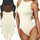 OQQ Women's 3 Piece Bodysuits Sexy Ribbed One Piece Sleeveless Halter Neck Tops Leotard Summer Trendy (Large, Black Coffee Beige)