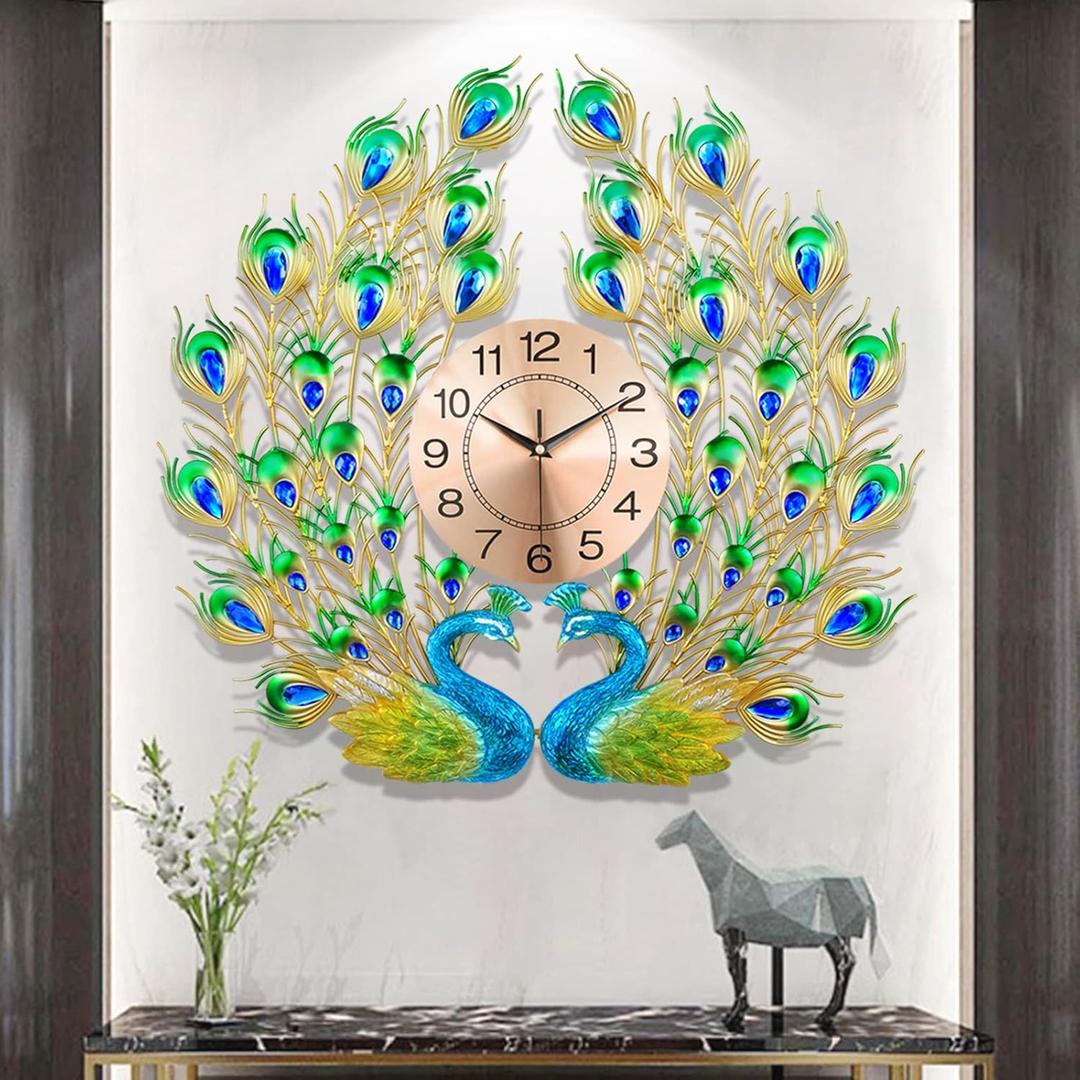 Large Peacock Wall Clock Silent Non-Ticking,3D Creative Luxury Decorative Wall Clocks Peacock Clocks Mid Century Big Wall Clocks for Living Room Bedroom Dining Room Decor,Dia 28 inch (Gold&green&blue)