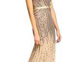 Adrianna Papell Womens Long Beaded V-Neck Dress with Cap Sleeves and Waistband, 12