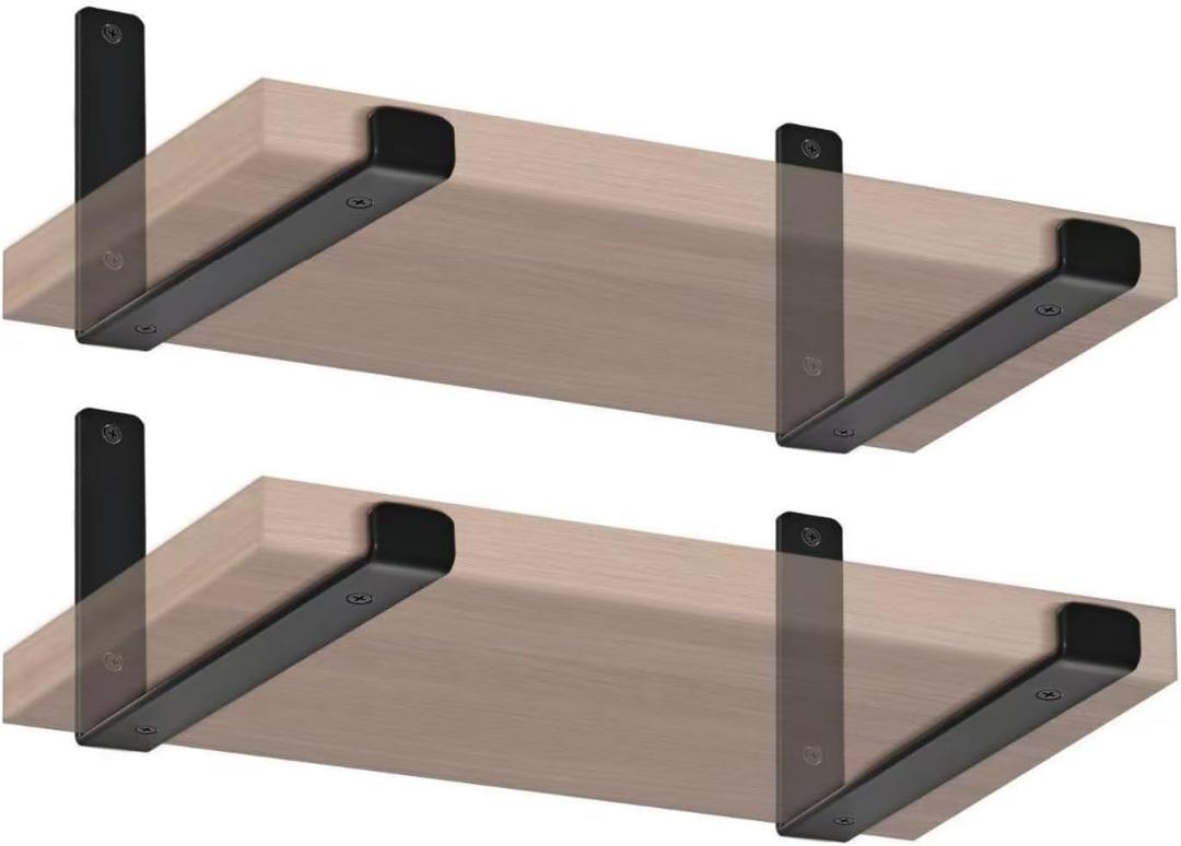 4 Pack - 9.25" L x 6" H x 1.5" W J Lip Shelf Brackets Rustic Farmhouse Iron Wall Floating Shelf Bracket Metal Shelf Bracket Industrial Shelf Supports with Screws Black