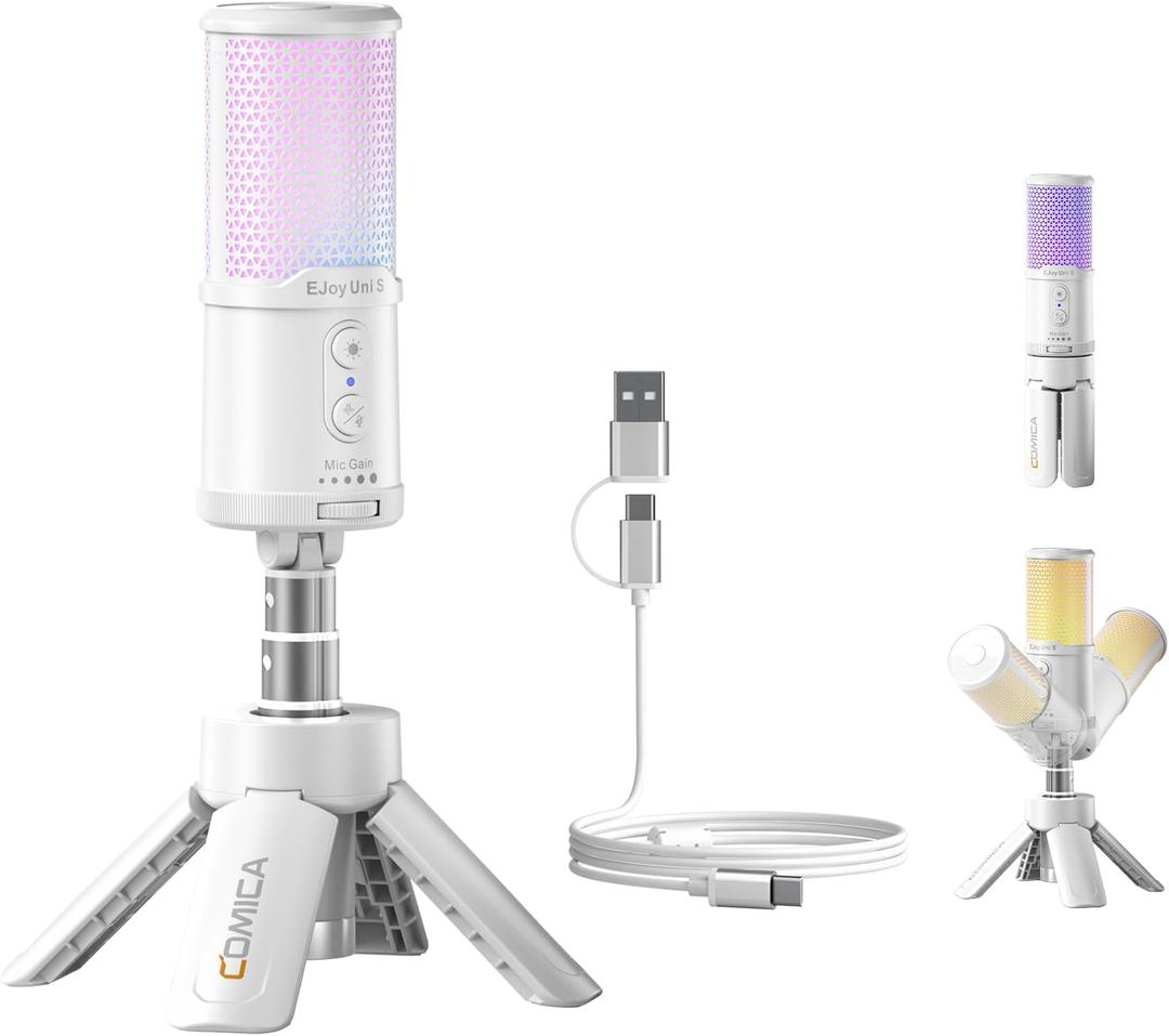 COMICA EJoy UNI S Gaming USB Microphone for PC, RGB Condenser Mic with Noise Reduction, Tripod Stand, Streaming Microphone for Gaming, Streaming, Podcasting, Recording, Laptop, PS4, PS5 (White