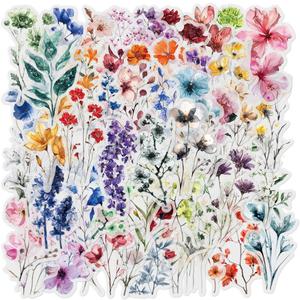50-Pack Transparent Waterproof Watercolor Wildflower Flower Scrapbook Stickers  Vibrant Nature Floral Decals for Card, Journals, Resin Art Project