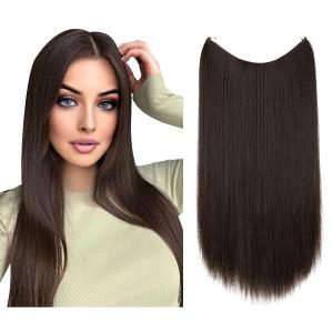 SARLA Invisible Wire Hair Extensions Dark Brown Short Synthetic Hairpieces Straight 14 Inch Adjustable Headband for Women No Clip