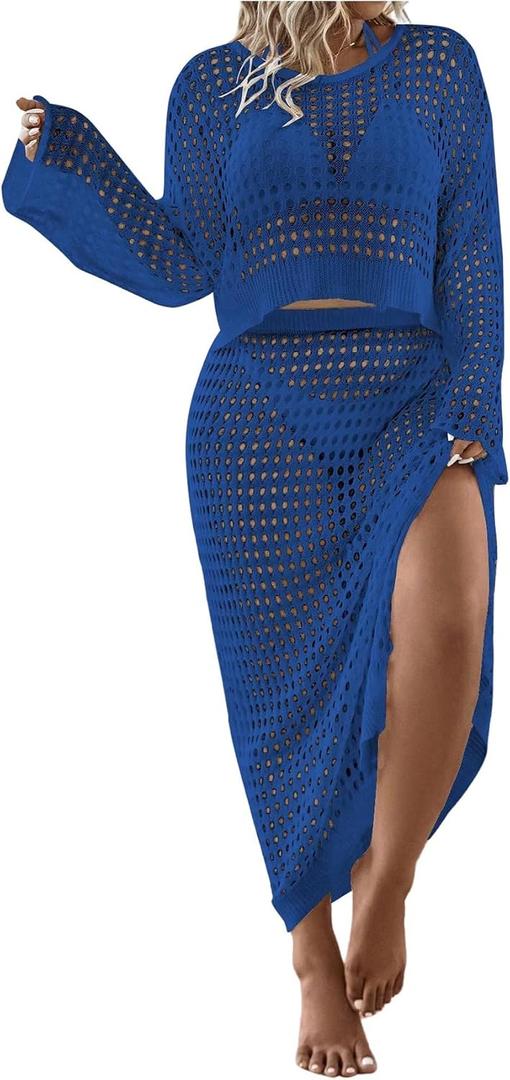 Women's 2 Piece Plus Size Cover Up Sweater and Split Thigh Skirt Set Beach Swim Cover Up Outfit (Blue, XXXL)
