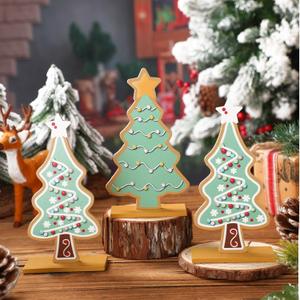 Syhood 3 Pcs Pastel Christmas Candy Tree Decor Christmas Tabletop Decorations Wooden Village Standing Gingerbread Sign with Base for Xmas Home Table Centerpiece Mantel Shelf Office Decor