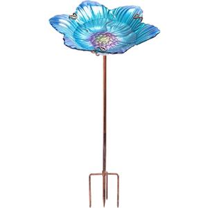 Outdoor Bird Bath Glass Birdbath Garden Birdfeeder with Metal Stake Blue(Height:26inch)
