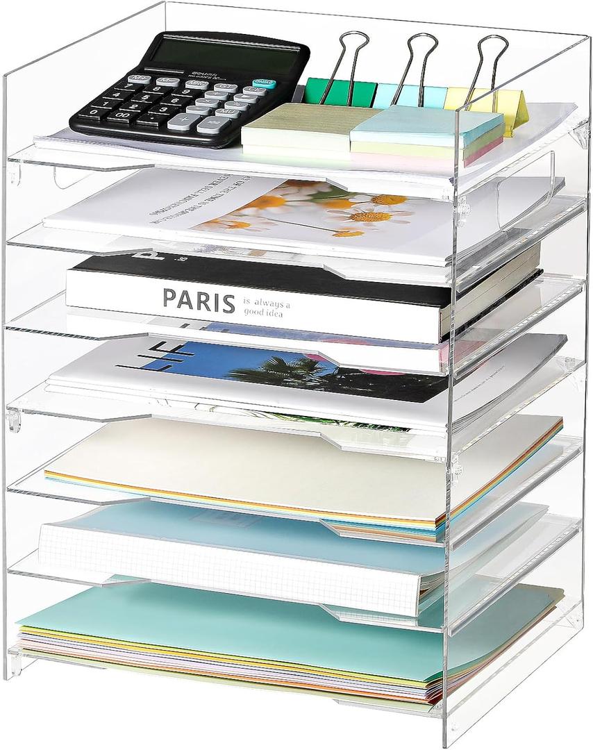 MaxGear 7 Tier Acrylic Paper Tray, Clear File Trays, Acrylic Clear Letter Tray Organizer, Stackable Desk Trays, Stackable Paper Organizer, Office Desk Organizers and Accessories (9.4" x 16.7" x 12.5")