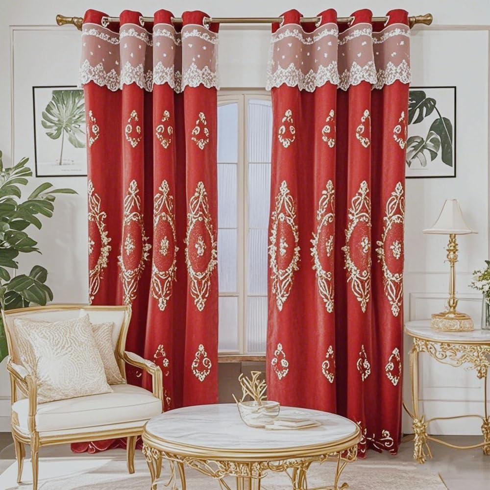 Amidoudou 1 Pair European Luxury Double Layered Flower Curtains Embroidered Curtains with Valance for Living Room Bedroom Balcony (Red,52x84 Inch)