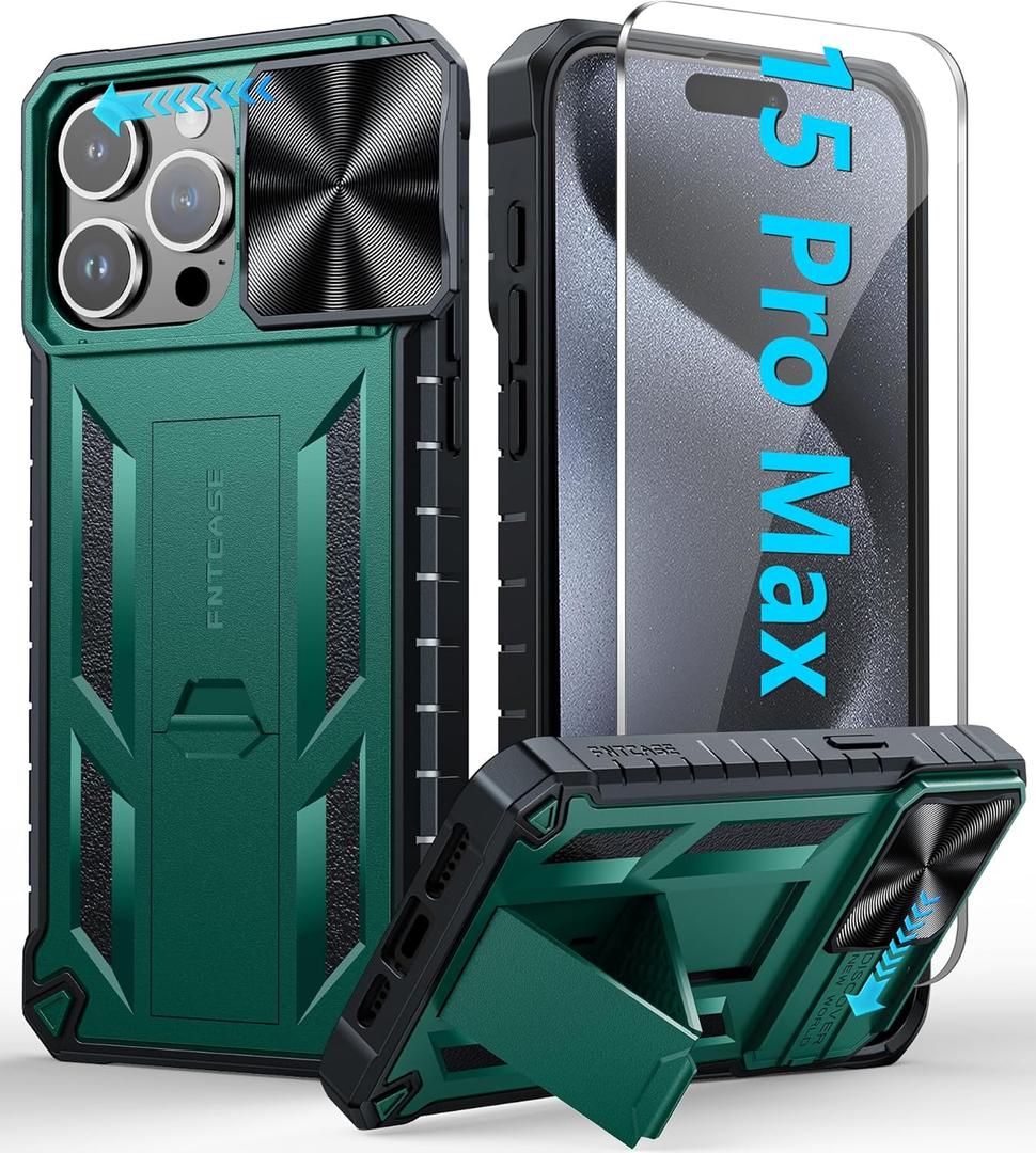 FNTCASE for iPhone 15 Pro-Max Case: Military Grade Protective Rugged Shockproof Cell Phone Cover with Kickstand & Slide | Heavy Duty Drop Protection Tough Cases for 15 Pro Max 6.7'' - Green