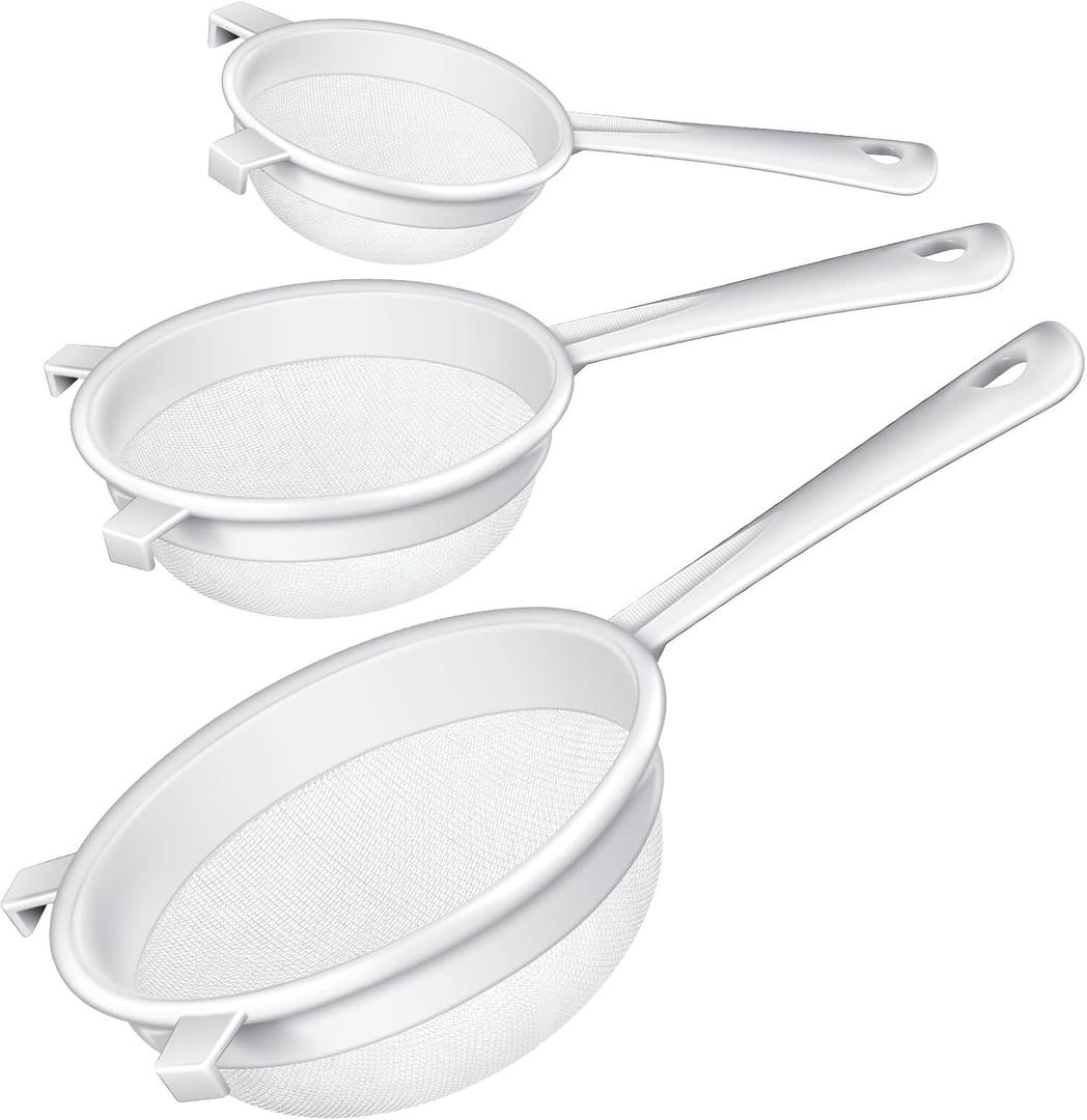 3 Pcs Plastic Nylon Mesh Strainer Colander with Handle Double Ear Fine Food Mesh Strainer Flour Sifter for Baking Kitchen Colander Sifter Kefir Tea Juice Pasta(3 Inch, 4 Inch, 5.5 Inch)
