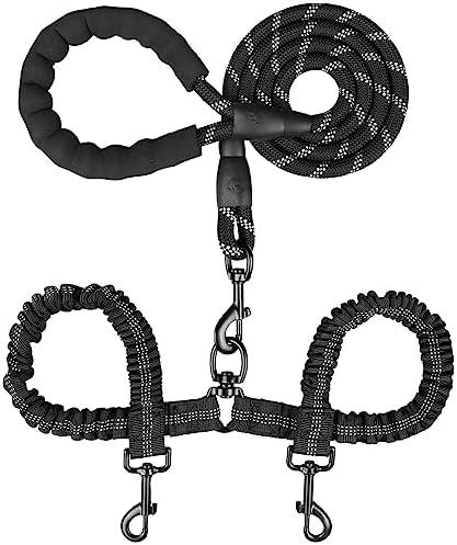 MingXpets Double Dog Leash, Dual Dog Leash, 360° Swivel Tangle Free Bungee Walking Training for Large Medium Dogs, Shock Absorbing Bungee Reflective for Two Dogs, 18~121 lbs, Black