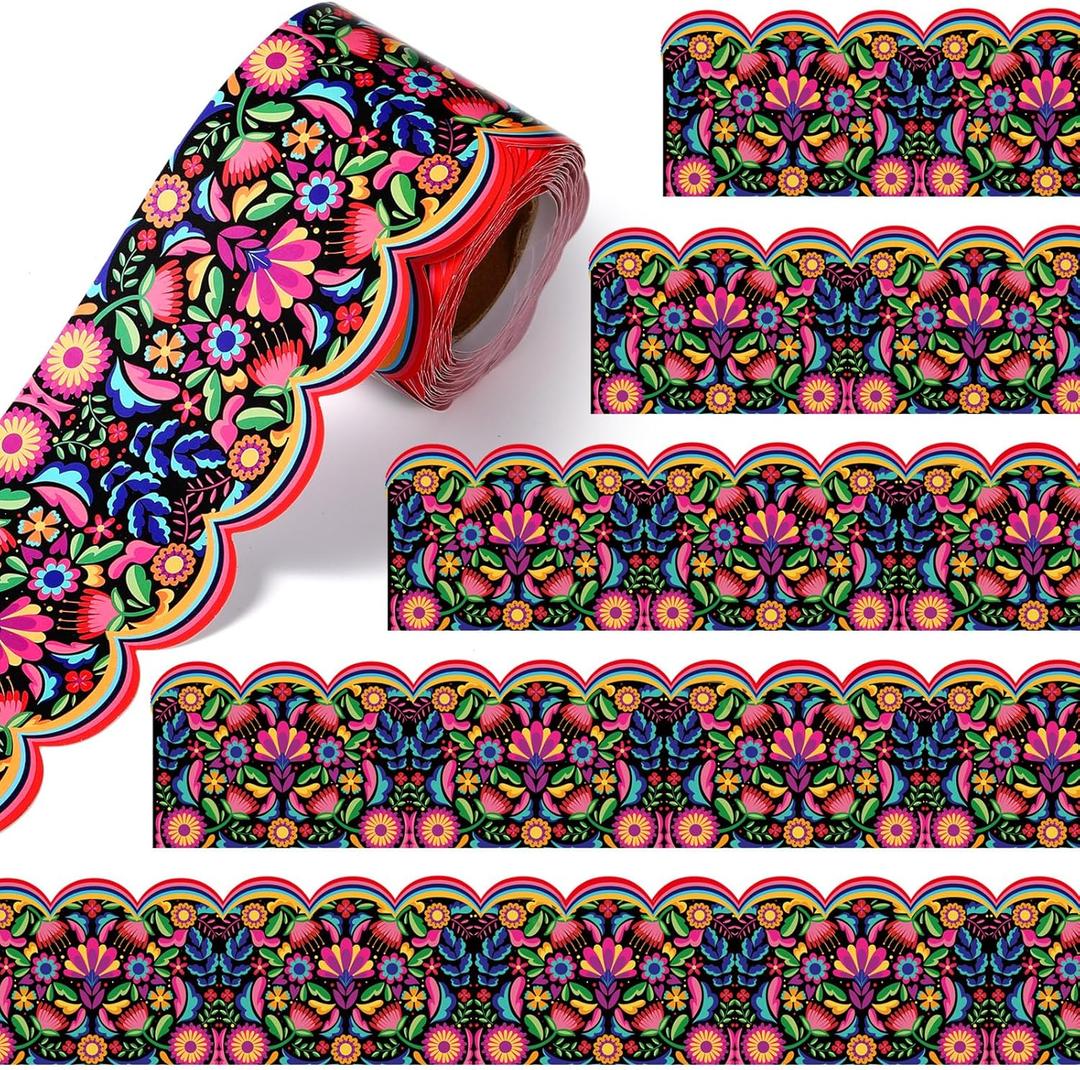 Fuutreo 32.8 ft Mexican Bulletin Board Borders Spanish Bulletin Border Office Scalloped Trim for School Fiesta National Hispanic Heritage Month Party Decoration (Multicolor)