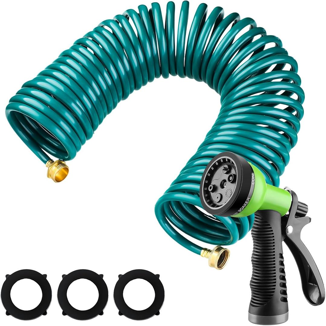 Pangda 25 Ft x 3/8'' Coil Garden Hose EVA Recoil Garden Self Coiling Expanding Water Hose with 6 Function Spray Nozzle Universal 3/4'' Brass Connector Fitting for Outdoor Yard(Green)