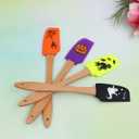 Hemoton 4pcs Halloween Wooden Handle Silicone Scraper Cream Spatula Baking Gadget Baking Supplies Kitchen Utensil for Home Bakery (Ghost + Black Cat + Pumpkin + Spider Pattern)