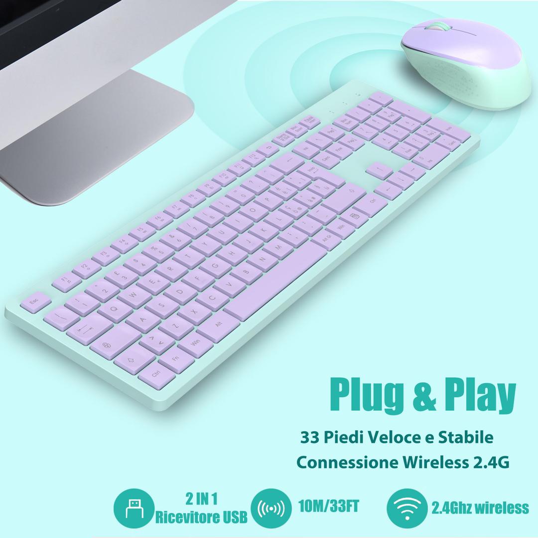 LeadsaiL Wireless Keyboard and Mouse Combo, Full-Sized Ergonomic Computer Keyboard, 2.4GHz Cordless Keyboard Silent Mouse Set with 2-in-1 USB Receiver, 12 FN Shortcuts for Windows Laptop, PC/Mac- Purple / Turquoise