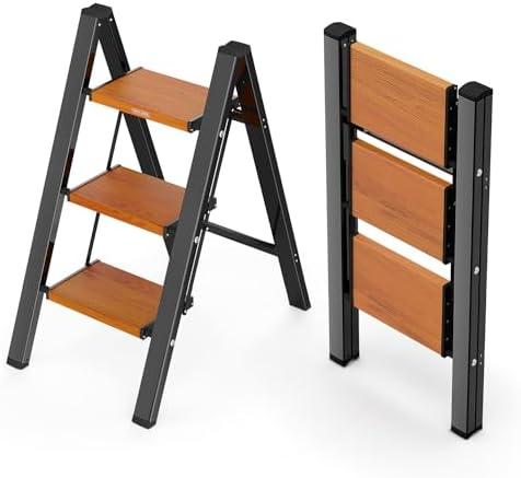 MIDOLI 3 Step Ladder Aluminum Lightweight Folding Step Stool for Adults with Anti-Slip Sturdy and Wide Pedal, with 330 Lbs Capacity Multi-Use for Household and Kitchen Portable Stepladder, Black-Wood