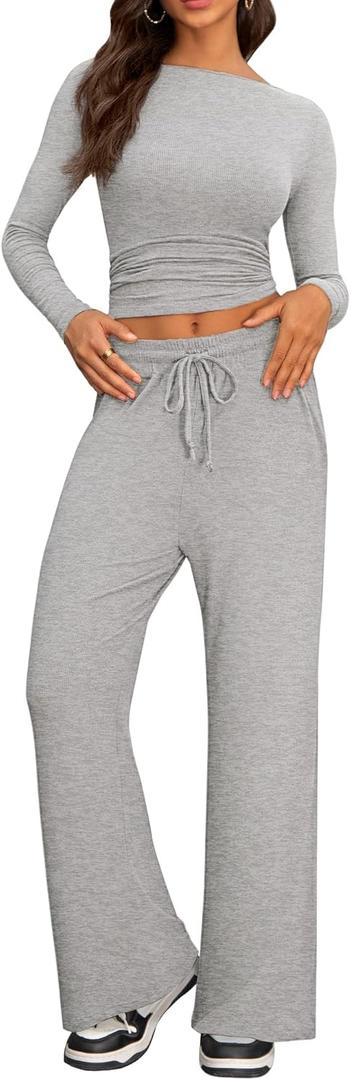 Cozy 2 Piece Lounge Sets for Women, Side Ruched Long Sleeve Top & Wide Leg Pants Casual Matching Tracksuit for Home & Travel (Medium, Gray)