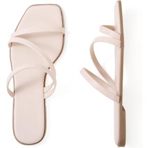 LACUONE Strappy Flat Sandals For Women Slip On Square Open Toe Slides Sandals (6, Light Nude)