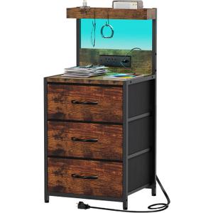 SZLHANJZ Night Stand, Nightstand with Charging Station and Led Lights, 3 Drawers Night Stand with Storage Shelf and Hooks, Tall End Side Table for Bedroom, Rustic Brown