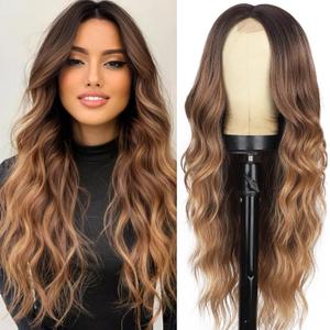 Long Ombre Brown Wigs for Women, Synthetic Ombre Brown to Light Brown Middle Part Curly Wavy Wigs for Daily Cosplay Use 26Inch